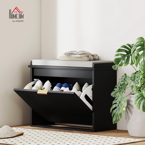 HOMCOM Narrow Shoe Bench with Padded Cushion 24.4x10.2x18.7 Inches Black | Shoe Storage Cabinet, Flip-Drawer, Adjustable Shelf, Small Entryway Bench, Holds up to 265lb - color: Black, size: 24.4" x 10.2" x 18.7"
