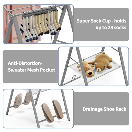 6 Height Adjustable Clothes Drying Rack with Shoe Slots, Grey | Pre-Assembled, Stable Load Structure, 22 Drying Rails, Foldable Space-Saving For Efficient Indoor & Outdoor Airflow Drying - color: Gray