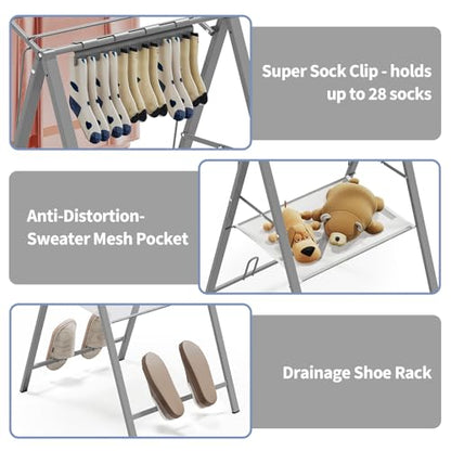 6 Height Adjustable Clothes Drying Rack with Shoe Slots, Grey | Pre-Assembled, Stable Load Structure, 22 Drying Rails, Foldable Space-Saving For Efficient Indoor & Outdoor Airflow Drying - color: Gray