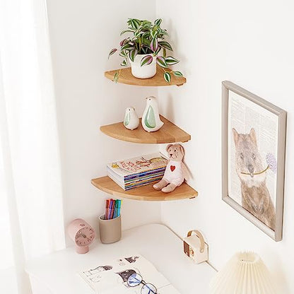 Oak Corner Shelf 12 inches Natural Wood Floating Corner Shelves Round End Wall Mounted Display Shelf Corner Plant Stand for Bathroom Kitchen Bedroom Livingroom Floating Shelves - size: 12 inches