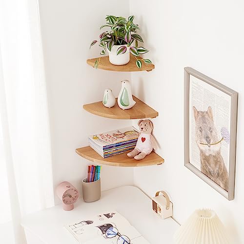 Oak Corner Shelf 12 inches Natural Wood Floating Corner Shelves Round End Wall Mounted Display Shelf Corner Plant Stand for Bathroom Kitchen Bedroom Livingroom Floating Shelves - size: 12 inches