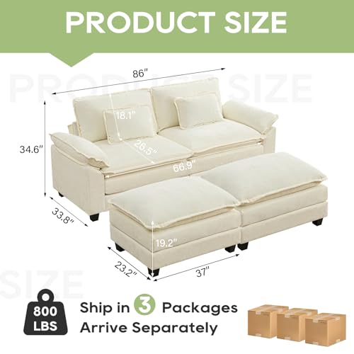 86" Modular Sectional Sofa, Comfy Deep Cloud Couch with Ottoman | Couches for Living Room, Sofa Bed, Modular Couch, Deep and Wide Seat, Chenille Sofa Sleeper with Throw Pillows, Beige White - color: Beige White, size: 86 Inch 4