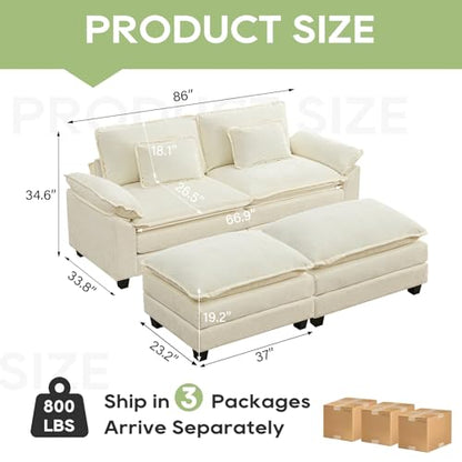 86" Modular Sectional Sofa, Comfy Deep Cloud Couch with Ottoman | Couches for Living Room, Sofa Bed, Modular Couch, Deep and Wide Seat, Chenille Sofa Sleeper with Throw Pillows, Beige White - color: Beige White, size: 86 Inch 4