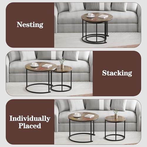 Nesting Coffee Table, 23.6" Round Coffee Table Set of 2, Wooden Nesting Table Set with Metal Frame, Side Tables for Living Room Bedroom Balcony, Brown - color: Brown