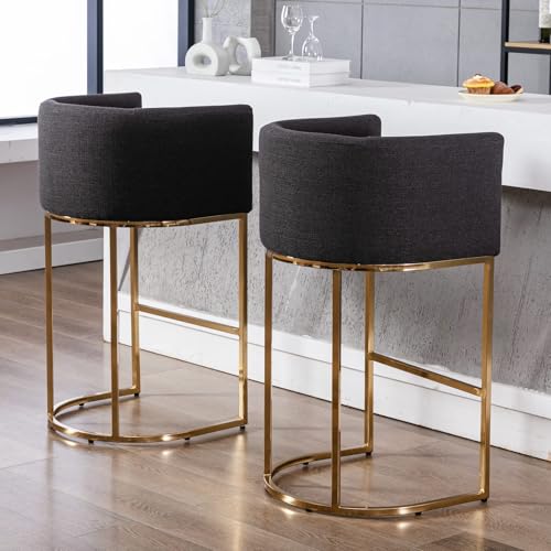 HNY Modern Barrel Counter Height Clearance Bar Stools Set of 2, 32 Inch Linen Kitchen Barstools with Back for Island, with Gold Metal Tubular Frame, Charcoal - color: 32inch Charcoal,gold Base