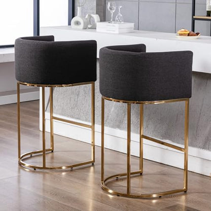 HNY Modern Barrel Counter Height Clearance Bar Stools Set of 2, 32 Inch Linen Kitchen Barstools with Back for Island, with Gold Metal Tubular Frame, Charcoal - color: 32inch Charcoal,gold Base