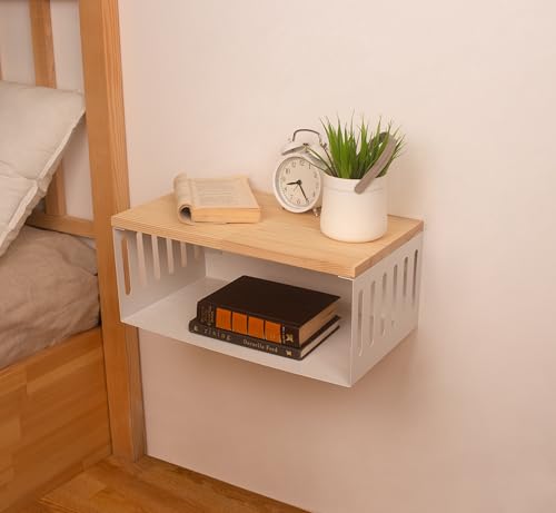 Floating Nightstand with White Metal Base, Wooden Top and Sturdy Metal Base, Minimalist Bedside Table, Wall Mounted Shelf, Bedside Shelf (Natural) - color: Natural
