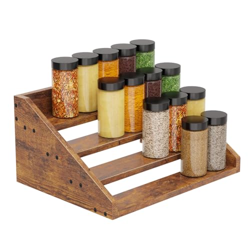 4 Tier Wood Spice Rack Organizer for Cabinet, Super Sturdy Display Riser Shelf Seasoning Organizer for Countertop Pantry Cupboard, Retro Storage Holder for Kitchen Condiment Jar Spice Container - color: Rustic Brown, 4 Tier