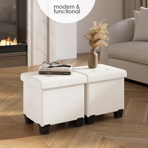 Storage Ottoman Cube with Small Bin, 15-in Square Ottoman with Storage for Living Room and Bedroom, Small Ottomans Foot Rest, Fabric Foot Stools Ottomans Max 330lbs, Cream - color: 09 - Cream