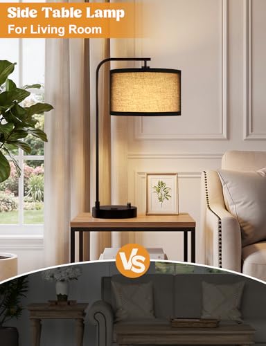 Innqoo Black Table Lamp for Bedroom with USB Port and Outlet, Dimmable Nightstand Bedside Lamps with Linen Lampshade, Desk Lamp for Home Office, Living Room, Guest Room, LED Bulb Included - color: G-Black Shade & Black Base