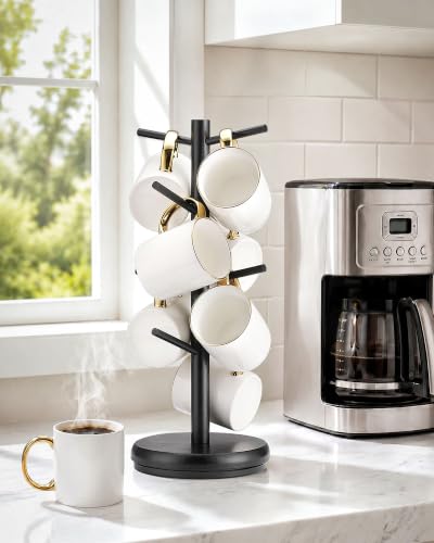 Lorbro Coffee Mug Tree, 360° Rotating Wooden Mug Holder with 8 Hooks | Large Mug Friendly, Space-Saving Display, Stable Wooden Base, Easy Assembly, Coffee Bar, Kitchen Counter, Gift Ready - size: Rotatable