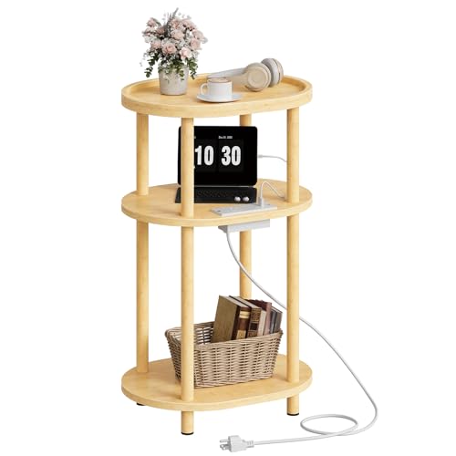 HOOBRO Small Side Table with Charging Station, Small End Table, 3-Tier Oval Bamboo Accent Table, Compact Sofa Bedside Table, for Living Room, Bedroom, Apartment, Natural YL177UBZ01 - color: Natural