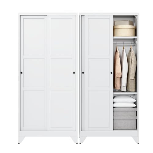 Armoire Wardrobe Closet,20" Deep Armoire Wardrobe Cabinets with Sliding Doors and Shelves,Narrow Slim Coat Closet Cabinet with Hanging Rod for Home (White) - color: White, size: 20"D x 32"W x 68"H