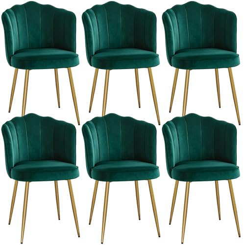 VECELO Velvet Dining Chairs Set of 6, Modern Upholstered Kitchen Chairs with Thick Cushions, Curved Padded Backrest and Metal Legs, for Kitchen, Dining Room, Living Room, Green - color: Green, size: Set of 6