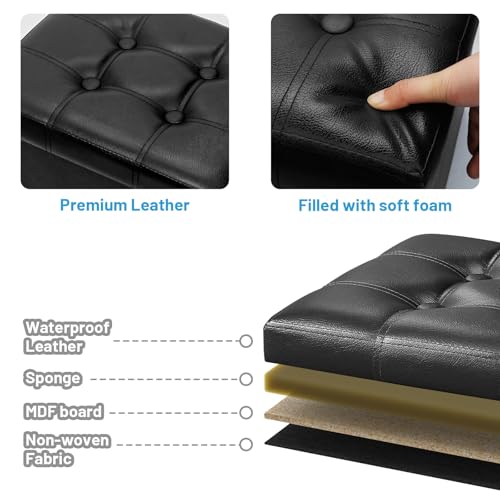 Bsketa Storage Ottoman Bench,17 Inch Folding Leather Foot Rest Stool, Black | Small Ottoman with Side Pockets, Thicker Foam Padded Seat, Livingroom, Dorm, Bedroom, Easy to install, 43L,17x13x13in - color: Black-with Side Pockets.