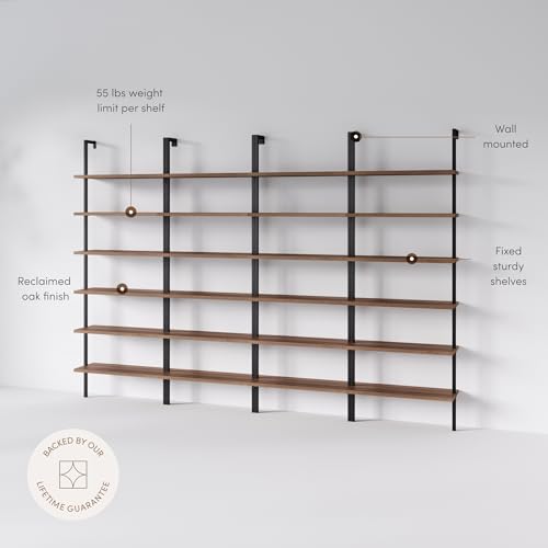 Nathan James Theo 6-Shelf Tall Bookcase, Wall Mount Bookshelf with Reclaimed Oak Wood and Industrial Metal Frame, Reclaimed Oak/Matte Black, Set of 4 - color: Oak/Matte Black, size: Set of 4