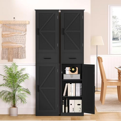 TEENFON Tall Bathroom Cabinet, Storage Cabinet with 6 Shelves & Drawer, Bathroom Storage Cabinet with Adjustable Shelves, Tall Cabinet for Living Room, Home Office, Black - color: Black
