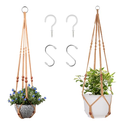 Macrame Plant Hanger for 5 to 10 Inch Plant Pots, Set of 2 Indoor Handmade 35 Inch Woven Rope Hanger Kits with Hooks and Wood Beads, Hanging Planter Basket Holder for Boho Home Decor (Brown, 2 Pack) | 35 Inch Hanging Planter with Hooks, Fits 5-10" Pots, S