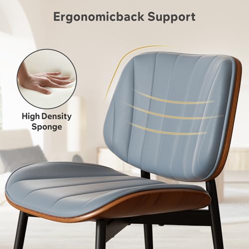 Dining Chair, Mid Century Modern Dining Room Chairs, Upholstered Faux Leather Kitchen Chairs with Walnut Bentwood Back and Metal Legs for Kitchen Dining Room Living Room, Blue - color: Blue, size: Set of 1