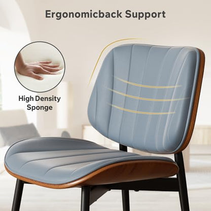 Dining Chairs Set of 4, Mid Century Modern Dining Room Chair, Upholstered Faux Leather Kitchen Chairs with Walnut Bentwood Back and Metal Legs for Kitchen Dining Room Living Room, Blue - color: Blue, size: Set of 4
