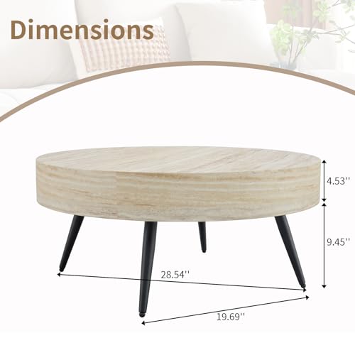 Round Coffee Table, Mid Century Small Coffee Table with Metal Legs, Wood Coffee Table Accent Center Table for Living Room Apartment Small Space (31.5''D-Stone Travertine Pattern) - color: Stone Travertine