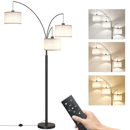SUNMORY 3 Lights Floor Lamp with Remote Control and 3 Stepless Dimmable Bulbs, 78" Tall Standing Lamp with Hanging Drum Shade & Heavy Base, Modern Arc Floor Lamps for Living Room, Bedroom, Office | 3 Stepless Dimmable Bulbs, Hanging Drum Linen Shade & Hea