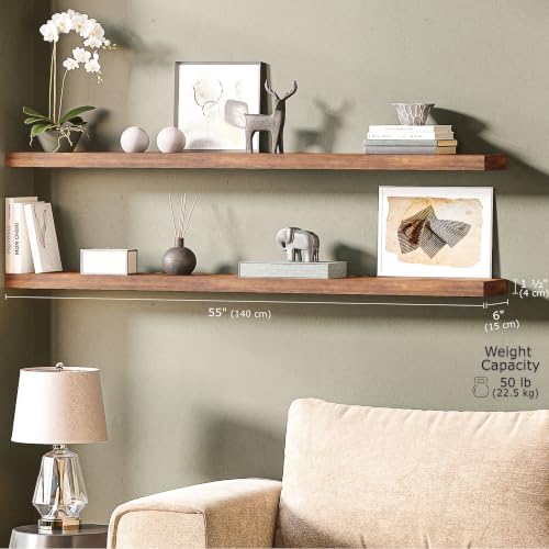 Ballucci Floating Shelves, 55" Wood Wall Shelf Set of 2, with Invisible Brackets for Bathroom, Living Room, Bedroom, Kitchen, Nursery, 6" Deep, Rustic Brown - color: Rustic Brown, size: 55.1 inches