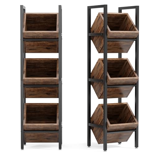 LITTLE TREE 3-Tier Basket Stand, Wooden Floor Stand Shelving Unit, Standing Organizer Storage Rack for Kitchen, Bathroom, Living Room (Rustic Brown, 2) - color: Rustic Brown, size: 3-Tier