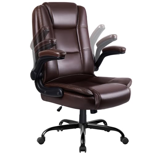 Flip-up Arms Office Desk Chair Big and Tall Managerial Executive Chair, High Back Computer Chair Ergonomic Adjustable Height PU Leather Chairs with Armrest for Long Time Sitting - color: New Brown