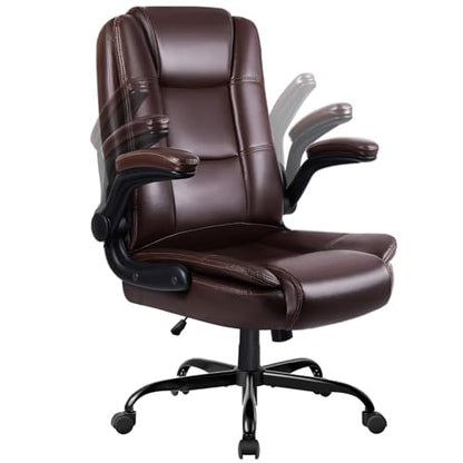 Flip-up Arms Office Desk Chair Big and Tall Managerial Executive Chair, High Back Computer Chair Ergonomic Adjustable Height PU Leather Chairs with Armrest for Long Time Sitting - color: New Brown