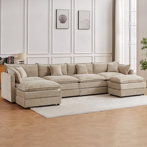 Modular Sectional Sofa, 147.2 Inch U Shaped Couch Set with Armrests, 4-Seater Comfy Cloud Couches with Movable Ottoman for Living Room Apartment, Coffee - color: Coffee, size: 147.2'' - U Shape