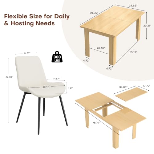 Miereirl 59"–77" Extendable Farmhouse Dining Table Set for 4, 5-Piece Rectangular Wood Kitchen Table Set, with 4 Padded Upholstered Chairs, Space-Saving for Apartment (Natural Table + 4 Beige Chairs) - color: Natural 59-76-inch Table & Beige Chairs, size: