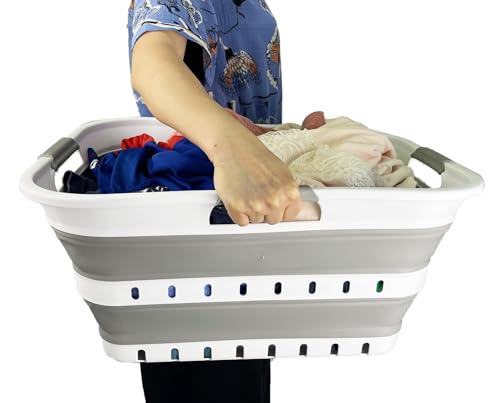 SAMMART 42L (11 gallon) Collapsible Plastic Laundry Basket - Foldable Pop Up Storage Container/Organizer - Space Saving Hamper/Basket (1, Grey/White) - color: Grey/White