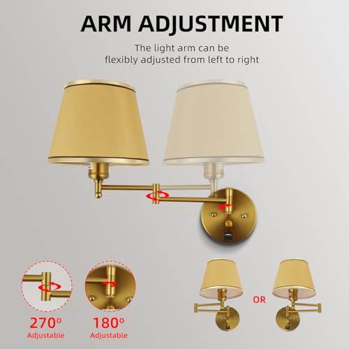 Plug-in Wall Sconce Swing Arm 1-Light Wall Mount Lamp with USB Charging Port Wall Sconce Lighting with Dimmable On Off Switch Gold Fabric Shade Brass Wall Lamp Light Fixture - color: Gold