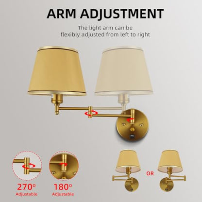 Plug-in Wall Sconce Swing Arm 1-Light Wall Mount Lamp with USB Charging Port Wall Sconce Lighting with Dimmable On Off Switch Gold Fabric Shade Brass Wall Lamp Light Fixture - color: Gold