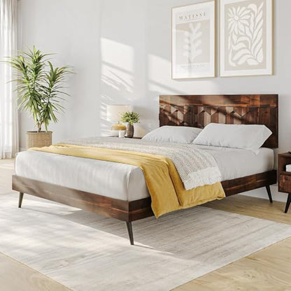 Bme Georgina Queen Bedframe, Geometric Headboard, Mid Century, Dark Choco - color: Dark Chocolate, size: Queen, style: Bed Frames