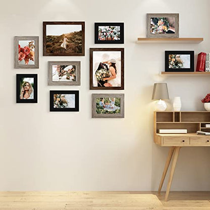 LUCKYLIFE Gallery Wall Frame Set, Picture Frames Collage 10-Pack for Wall or Tabletop with 8x10 5x7 4x6 Frames in 3 Different Finishes - color: Brown&Gray&Black
