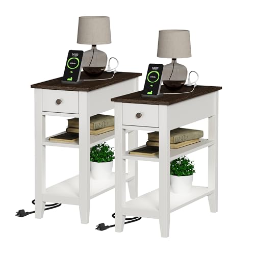 ChooChoo Farmhouse end Table Set of 2 with Charging Station | Sofa Side Table Living Room, Charging Station, Narrow Night Stand, USB Ports & Power Outlets, Hidden Drawer,White and Brown - color: Farmhouse White