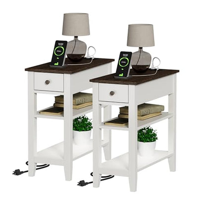 ChooChoo Farmhouse end Table Set of 2 with Charging Station | Sofa Side Table Living Room, Charging Station, Narrow Night Stand, USB Ports & Power Outlets, Hidden Drawer,White and Brown - color: Farmhouse White