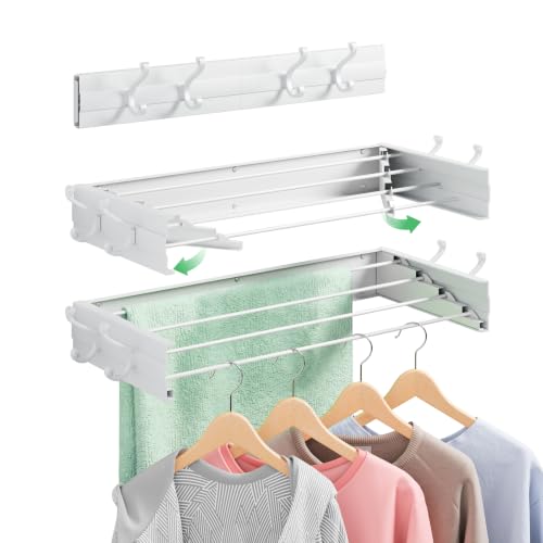 Foldable Wall Mounted Space-Saving Drying Rack, 23.5 In Rustproof Stainless Steel Laundry Hanger with 50 Lbs Heavy Duty Reinforced Rods for Wet Towels & Heavy Clothes, Fits Apartment Bathroom RV,White - size: 23.6'‘