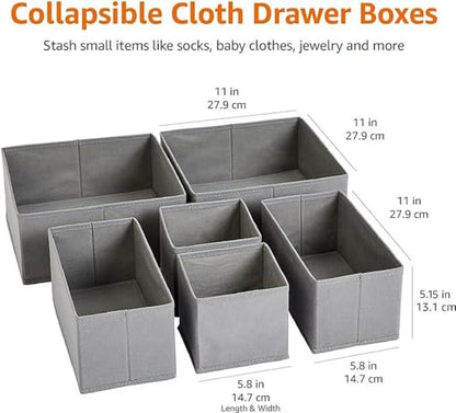 Amazon Basics Collapsible Cloth Drawer Organizer Boxes for Socks, Underwear and Baby Clothes, Storage Bins, Gray, Set of 6 - size: Set of 6