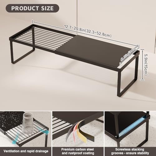 Magheo Expandable Cabinet Shelf Organizer, 2 Pack Stackable Kitchen Counter Shelf Riser, Metal Spice Rack Heavy Duty Countertop Organizer Storage for Kitchen, Pantry, Cupboard, Rv (5.9in Height,Black) - color: Black, size: (12.7-20.8")D*8.3"W*5.9"H