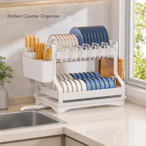 Fandian Dish Drying Rack 2 Tier White Dish Racks for Kitchen Counter and Sink, Large Dish Drying Rack with Drainboard & Utensil Holders Stainless Steel Dish Drainers Kitchen Organization and Storage - color: Ceramic White Dish Racks