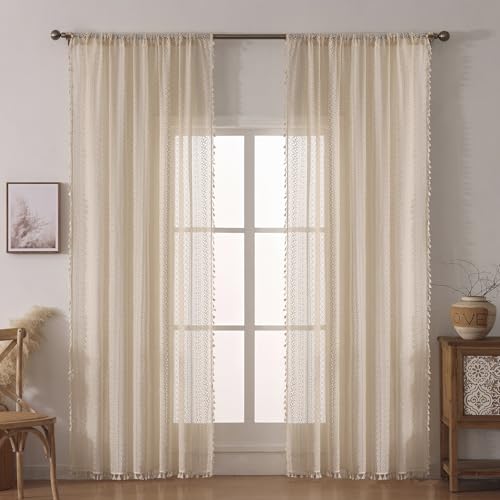 WAZZIO Boho Crochet Curtains for Living Room Lace Curtains 84 Inches Long 2 Panel, Rod Pocket Vintage Tassel Bohemian Decor Geometry Striped Light Filtering Semi Sheer Curtain Drapes for Bedroom,Beige - color: Beige, size: 59"W x 84"L (Pack of 2)
