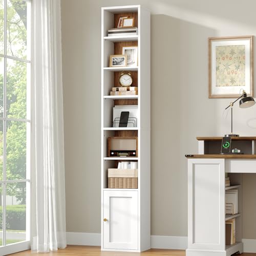 7-Tier Tall Narrow Bookshelf with Door, 70.9 Inches CD DVD Slim Media Tower Rack with Storage Cabinet, Adjustable Shelves, Skinny Bookshelf Display Bookcase for Home Office, White and Walnut - color: White + Walnut