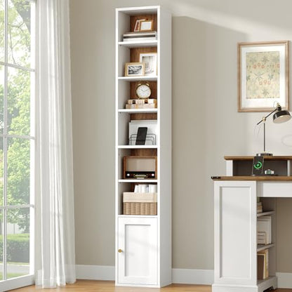 7-Tier Tall Narrow Bookshelf with Door, 70.9 Inches CD DVD Slim Media Tower Rack with Storage Cabinet, Adjustable Shelves, Skinny Bookshelf Display Bookcase for Home Office, White and Walnut - color: White + Walnut