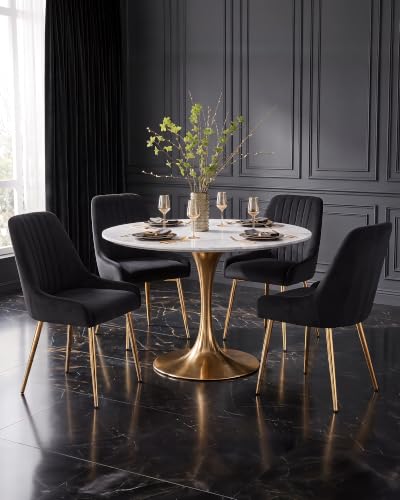Black Velvet Dining Chairs Set of 2, Modern Kitchen and Vanity Chairs | Modern upholstered vanity chairs with gold metal legs, stain-resistant hand-quilted fabric, high-density foam cushion seat - color: Black, size: Set of 2