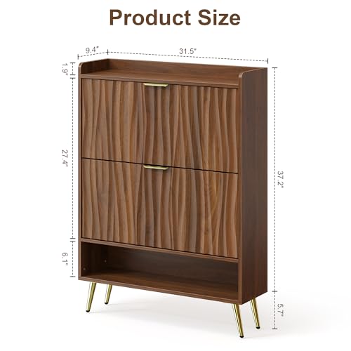 Shoe Storage Cabinet with with 2 Flip Drawers, Entryway Shoe Rack Organizer with Water Ripple Textured Front, Slim Shoe Cabinet with Gold Metal Legs for Hallway, Living Room, Walnut - size: 9.4"D x 31.5"W x 42.9"H