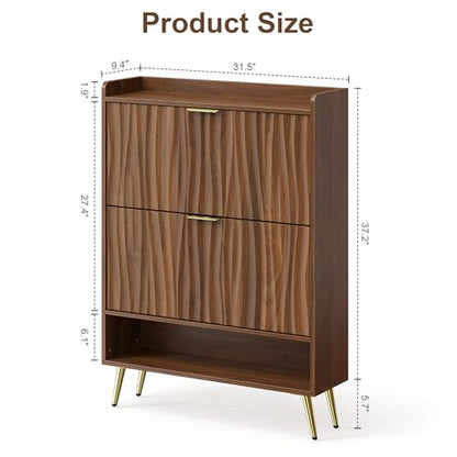 Shoe Storage Cabinet with with 2 Flip Drawers, Entryway Shoe Rack Organizer with Water Ripple Textured Front, Slim Shoe Cabinet with Gold Metal Legs for Hallway, Living Room, Walnut - size: 9.4"D x 31.5"W x 42.9"H