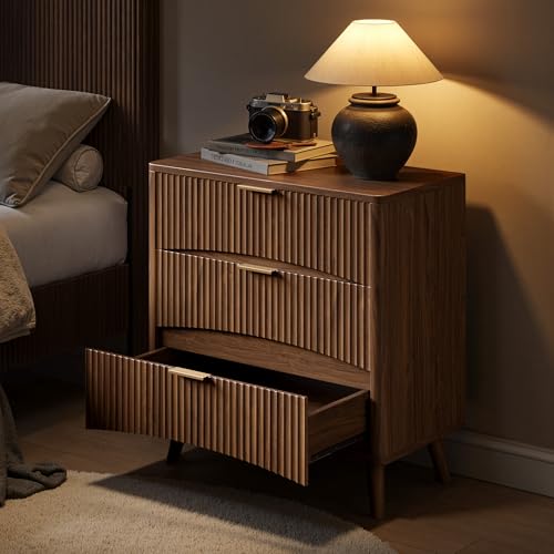 Evermagin 31.5" W Oversized Nightstands Set of 2 with 3 Drawers | Walnut Fluted Nightstand, Tall Large 3 Drawer Bedside Table, Mid Century Modern Side Table for Bedroom, livingroom - color: Walnut, size: 15.78"D x 31.5"W x 29.35"H (3 Drawers)